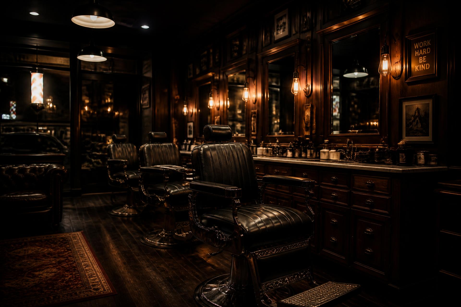 Interior of Don Barbas barbershop with leather chairs and warm lighting